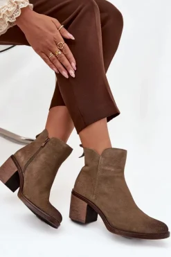 Outlet Buty Sergio Leone Botki Damskie Z Naturalnego Zamsz Na Słupku Ocieplane Sergio Leone BT25321-S Khaki