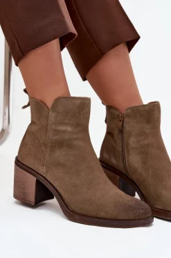 Outlet Buty Sergio Leone Botki Damskie Z Naturalnego Zamsz Na Słupku Ocieplane Sergio Leone BT25321-S Khaki