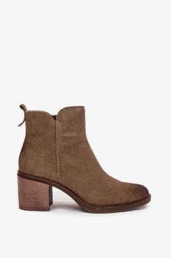 Outlet Buty Sergio Leone Botki Damskie Z Naturalnego Zamsz Na Słupku Ocieplane Sergio Leone BT25321-S Khaki