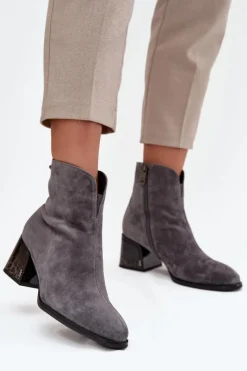 Online Botki Damskie Z Naturalnego Zamszu Na Obcasie Ocieplane Vinceza 66806 Szare Damskie Botki Ocieplane|Botki Skórzane