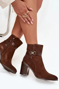 Botki Ocieplane|Botki Skórzane>Buty Sergio Leone Botki Damskie Z Naturalnego Zamszu Na Słupku Ocieplane Sergio Leone BT25384-S Brązowe