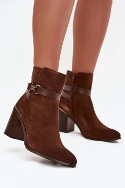 Botki Ocieplane|Botki Skórzane>Buty Sergio Leone Botki Damskie Z Naturalnego Zamszu Na Słupku Ocieplane Sergio Leone BT25384-S Brązowe