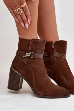 Botki Ocieplane|Botki Skórzane></noscript>Buty Sergio Leone Botki Damskie Z Naturalnego Zamszu Na Słupku Ocieplane Sergio Leone BT25384-S Brązowe