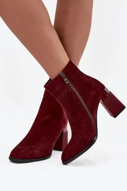 Best D&A Botki Damskie Z Naturalnego Zamszu Na Słupku Ocieplane CR52-718 Bordowe Czerwony