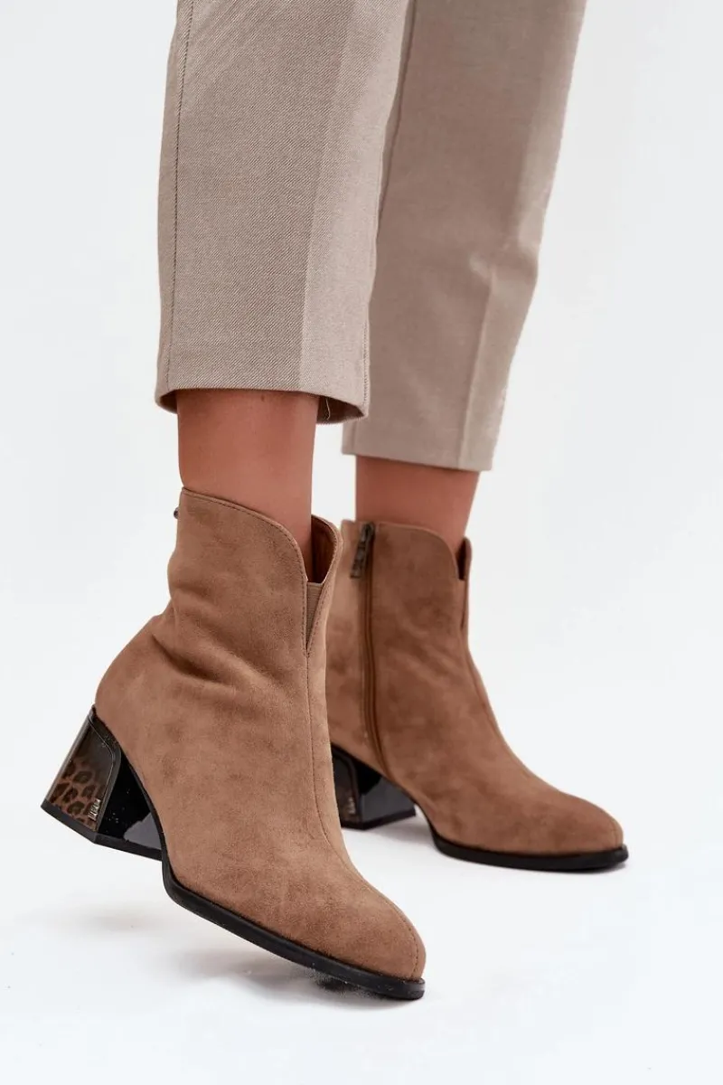Botki Ocieplane|Botki Skórzane>Buty damskie Vinceza Botki Damskie Z Naturalnego Zamszu Na Obcasie Ocieplane Vinceza 66806 Camel Beżowy