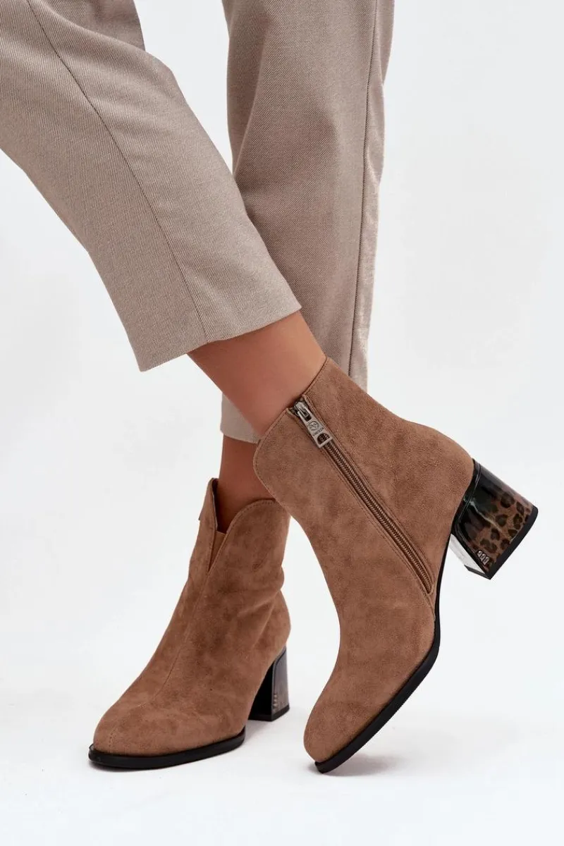 Botki Ocieplane|Botki Skórzane>Buty damskie Vinceza Botki Damskie Z Naturalnego Zamszu Na Obcasie Ocieplane Vinceza 66806 Camel Beżowy