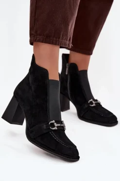 Clearance Artiker Botki Damskie Z Naturalnego Zamszu Na Słupku 57C0124 Czarne Czarny