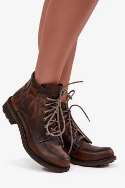 Maciejka Botki Damskie Z Naturalnej Skóry Na Płaskim Obcasie 07063-02 Brązowe