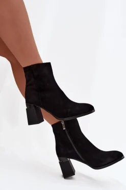 Botki Ocieplane|Botki Skórzane></noscript>D&A Botki Damskie Z Naturalnego Zamszu Na Słupku Ocieplane CR52-718 Czarne Czarny