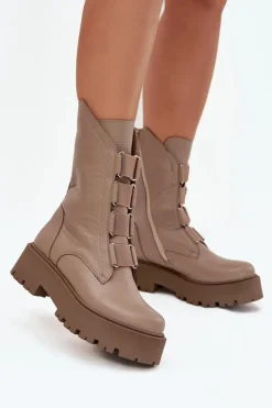 Brązowe I Beżowe Botki|Botki Płaskie>Zazoo Botki Damskie Z Naturalnej Skóry Na Platformie 3795 Beżowe Beżowy