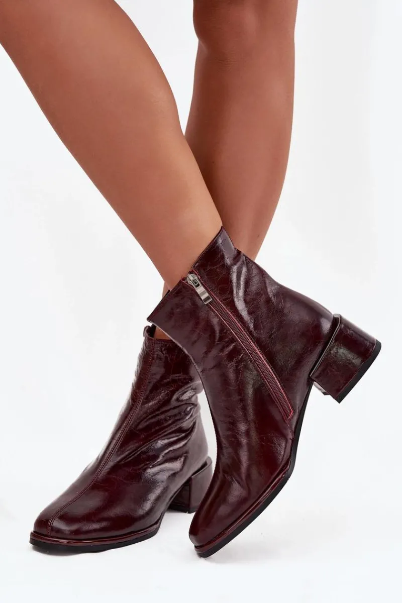 Botki Ocieplane|Botki Skórzane>Damskie buty S.Barski Botki Damskie Z Naturalnej Skóry Na Klocku Ocieplane D&A CR52-715 Bordowe