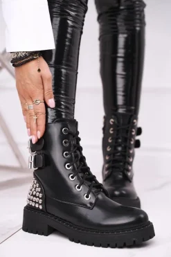Hot Botki Damskie Z Nitami Czarne Feel Your Touch Damskie Botki Sznurowane|Czarne Botki