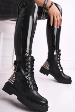 Hot Botki Damskie Z Nitami Czarne Feel Your Touch Damskie Botki Sznurowane|Czarne Botki