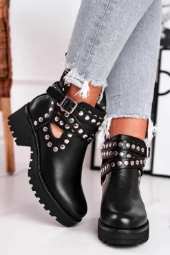 Outlet Botki Damskie Z Nitami Grunge Czarne Heavenly Damskie Czarne Botki|Botki Na Obcasie