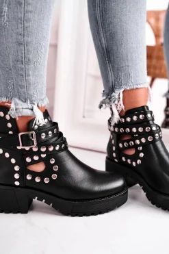 Outlet Botki Damskie Z Nitami Grunge Czarne Heavenly Damskie Czarne Botki|Botki Na Obcasie