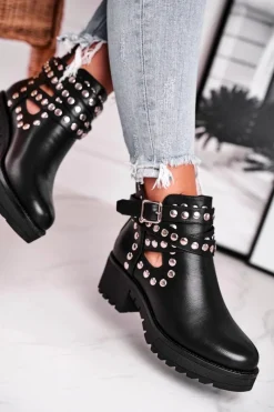 Outlet Botki Damskie Z Nitami Grunge Czarne Heavenly Damskie Czarne Botki|Botki Na Obcasie