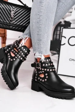 Outlet Botki Damskie Z Nitami Grunge Czarne Heavenly Damskie Czarne Botki|Botki Na Obcasie