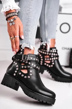 Outlet Botki Damskie Z Nitami Grunge Czarne Heavenly Damskie Czarne Botki|Botki Na Obcasie