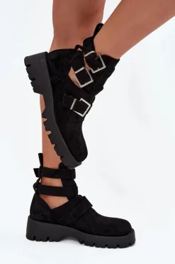 Best Botki Damskie Z Paskami I Srebrnymi Klamrami Czarne Helisse Damskie Botki Ocieplane|Czarne Botki
