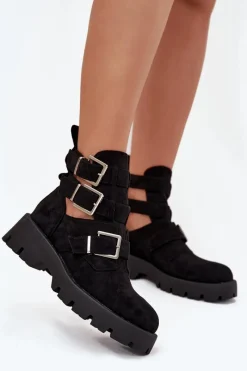 Best Botki Damskie Z Paskami I Srebrnymi Klamrami Czarne Helisse Damskie Botki Ocieplane|Czarne Botki