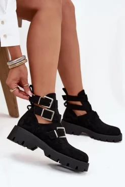 Best Botki Damskie Z Paskami I Srebrnymi Klamrami Czarne Helisse Damskie Botki Ocieplane|Czarne Botki