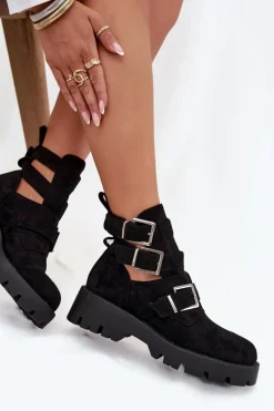 Best Botki Damskie Z Paskami I Srebrnymi Klamrami Czarne Helisse Damskie Botki Ocieplane|Czarne Botki