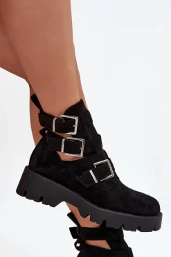 Best Botki Damskie Z Paskami I Srebrnymi Klamrami Czarne Helisse Damskie Botki Ocieplane|Czarne Botki