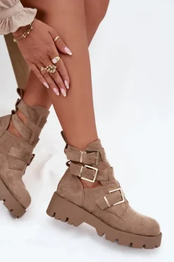 Botki Ocieplane|Czarne Botki>Boto Botki Damskie Z Paskami I Złotymi Klamrami Beżowe Helisse Beżowy