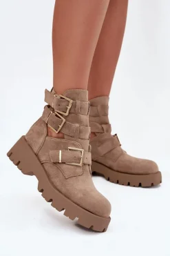 Botki Ocieplane|Czarne Botki>Boto Botki Damskie Z Paskami I Złotymi Klamrami Beżowe Helisse Beżowy