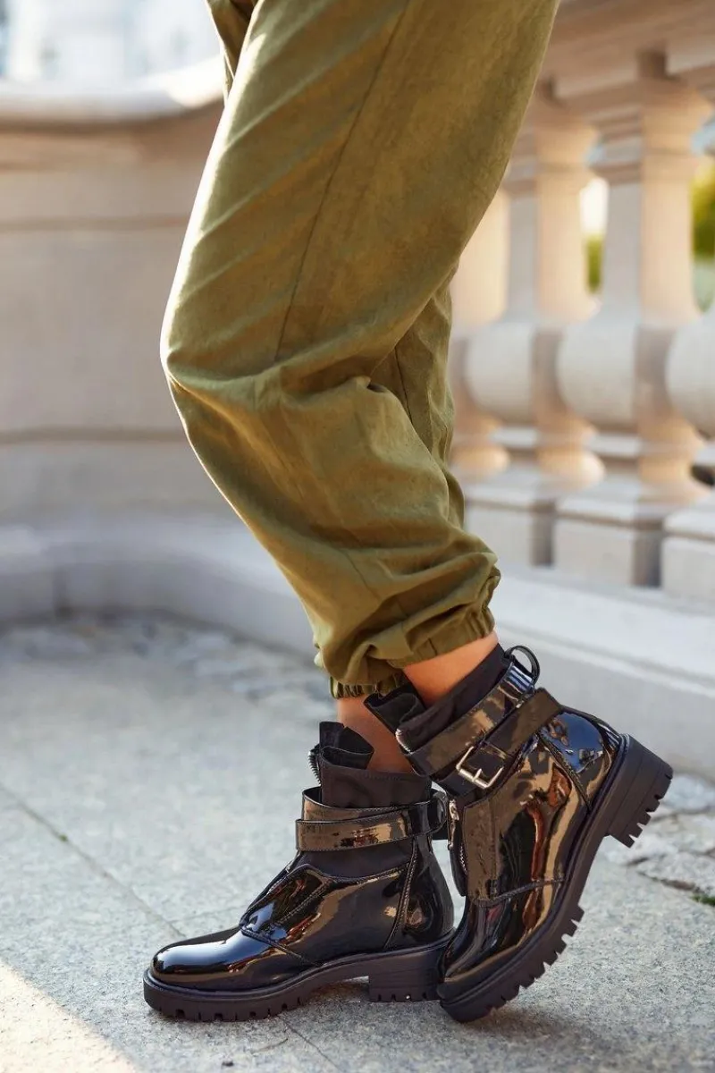 Online Botki Damskie z paskiem Lakierowane Czarne Joyce Damskie Botki Zimowe Damskie|Botki Workery