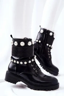 Sale Botki Damskie Z Perełkami Czarne Mystique Damskie Botki Sznurowane|Czarne Botki