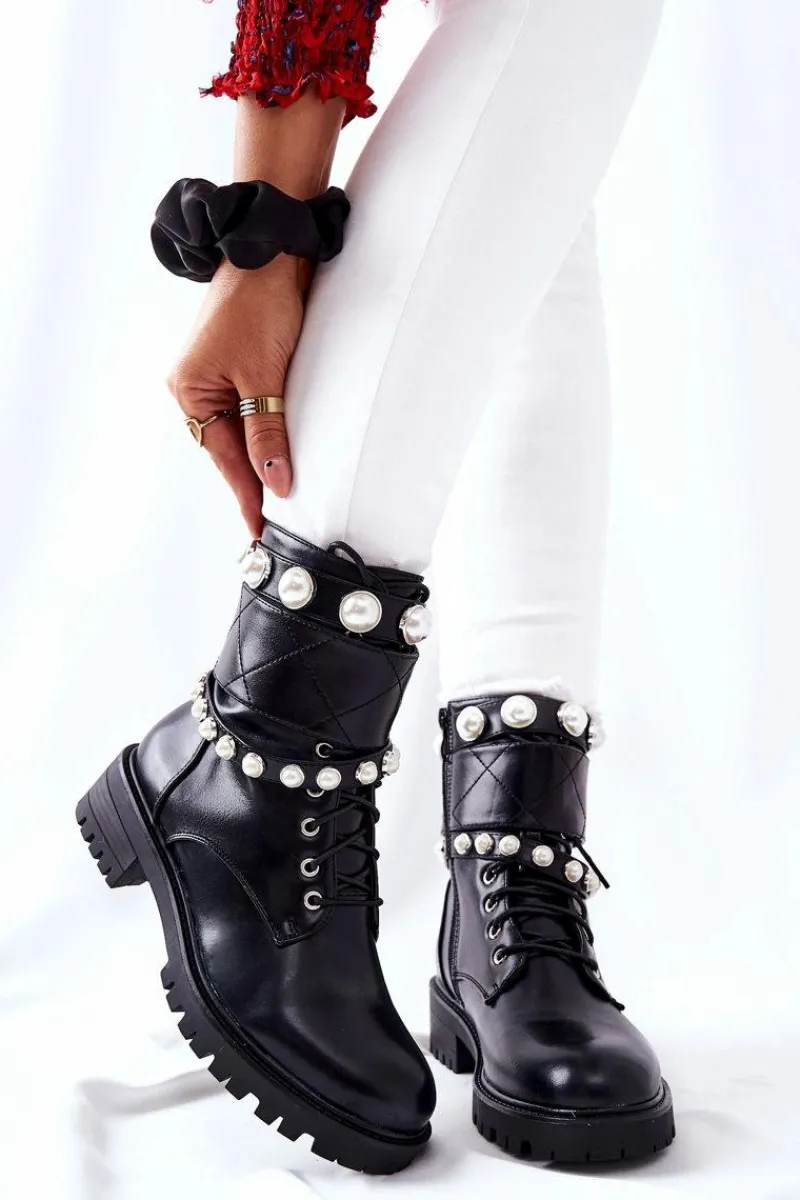 Sale Botki Damskie Z Perełkami Czarne Mystique Damskie Botki Sznurowane|Czarne Botki