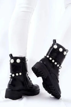 Sale Botki Damskie Z Perełkami Czarne Mystique Damskie Botki Sznurowane|Czarne Botki