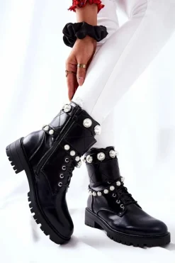 Sale Botki Damskie Z Perełkami Czarne Mystique Damskie Botki Sznurowane|Czarne Botki