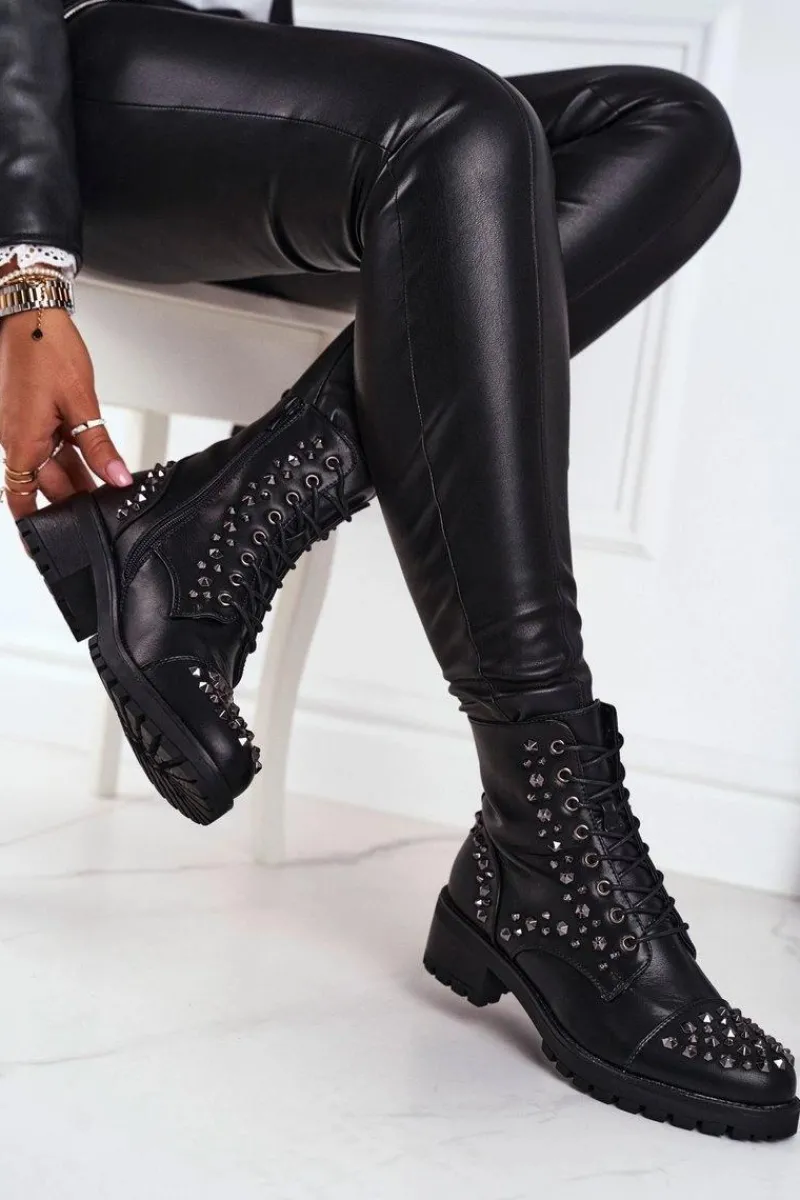 Online Botki Damskie z ćwiekami Czarne Chill Damskie Botki Sznurowane|Czarne Botki