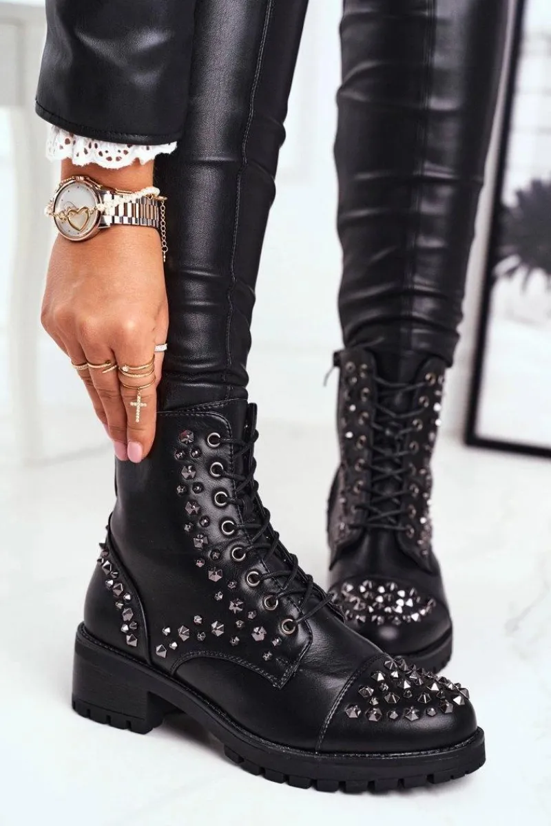 Online Botki Damskie z ćwiekami Czarne Chill Damskie Botki Sznurowane|Czarne Botki