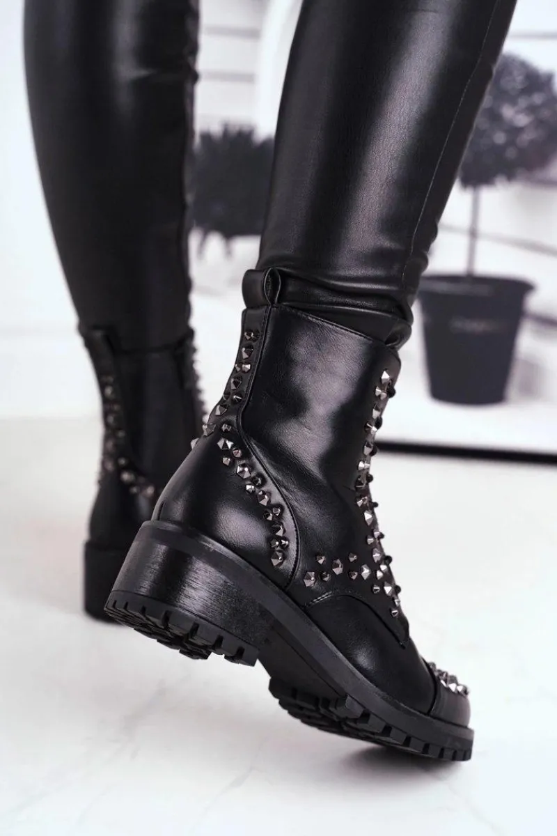 Online Botki Damskie z ćwiekami Czarne Chill Damskie Botki Sznurowane|Czarne Botki