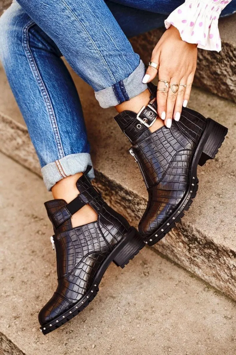 Botki Damskie Z Wycięciami Czarne Hampton Damskie Botki Wiosenne|Czarne Botki