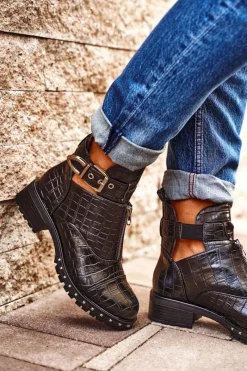 Botki Damskie Z Wycięciami Czarne Hampton Damskie Botki Wiosenne|Czarne Botki