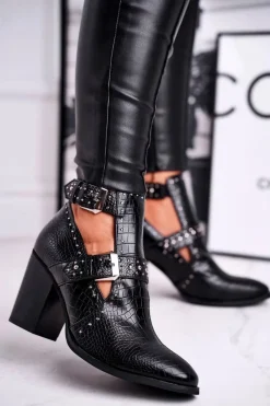 Hot Boto Botki Damskie Z Wycięciami Croco Czarne Aria