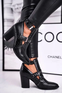 Hot Boto Botki Damskie Z Wycięciami Croco Czarne Aria