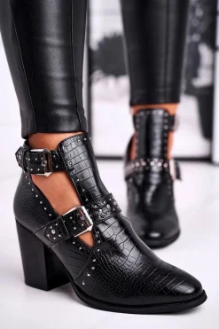 Hot Boto Botki Damskie Z Wycięciami Croco Czarne Aria