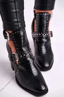 Hot Boto Botki Damskie Z Wycięciami Croco Czarne Aria