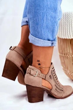 New Botki Damskie z Wycięciem Wiosenne Beżowe Velluci Damskie Botki Wiosenne|Botki Na Słupku