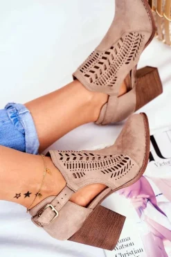 New Botki Damskie z Wycięciem Wiosenne Beżowe Velluci Damskie Botki Wiosenne|Botki Na Słupku