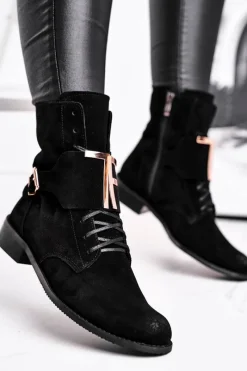 New Botki Damskie Zamszowe Czarne Nicole 2591 Damskie Botki Sznurowane|Czarne Botki