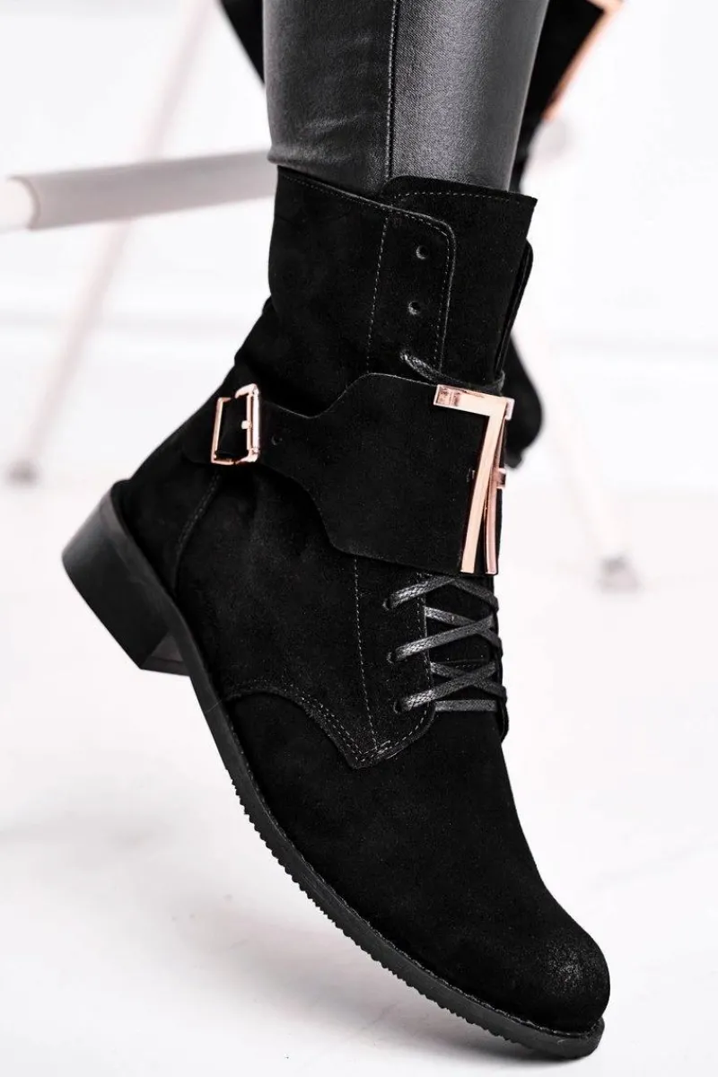 New Botki Damskie Zamszowe Czarne Nicole 2591 Damskie Botki Sznurowane|Czarne Botki