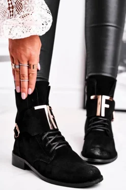 New Botki Damskie Zamszowe Czarne Nicole 2591 Damskie Botki Sznurowane|Czarne Botki