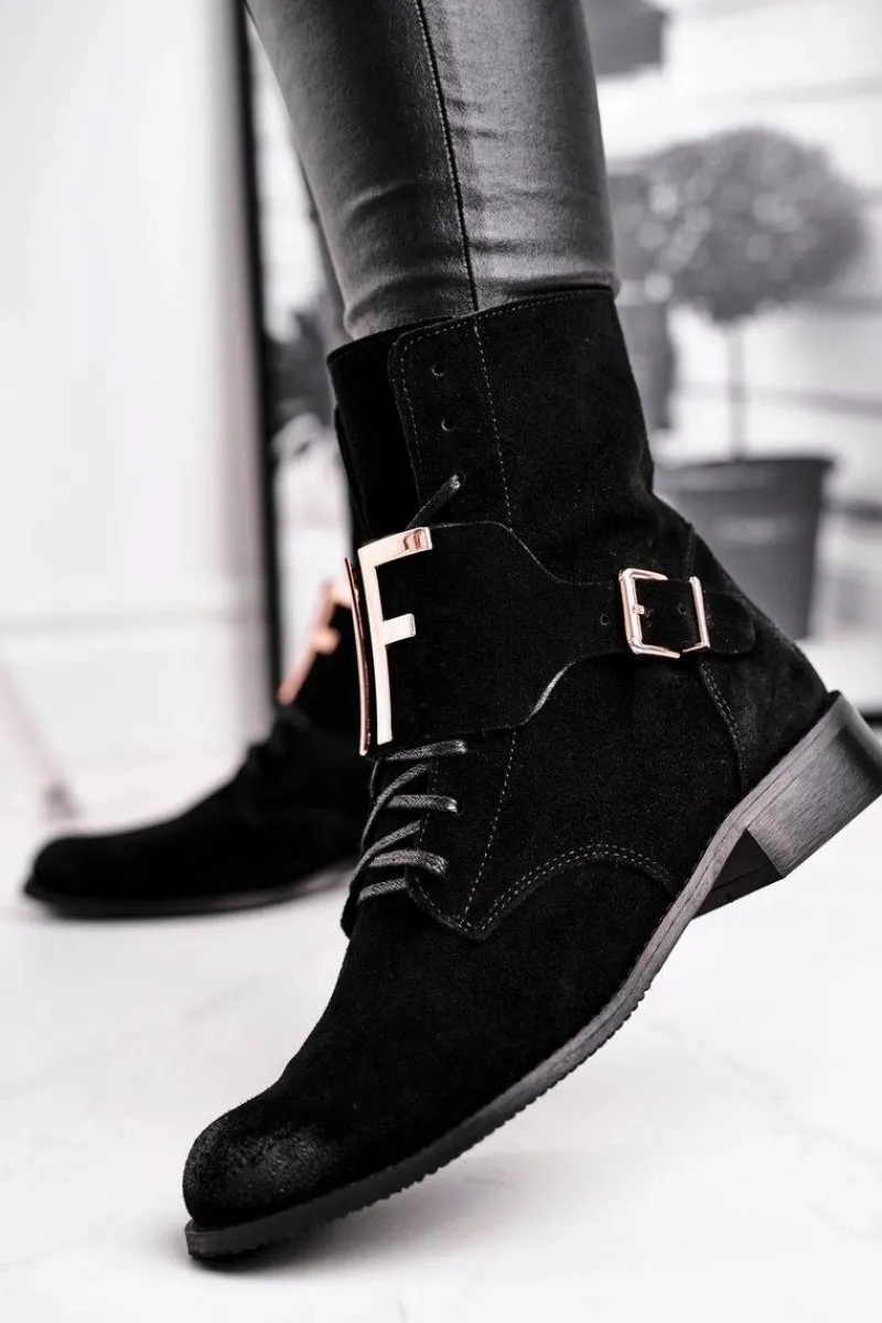 New Botki Damskie Zamszowe Czarne Nicole 2591 Damskie Botki Sznurowane|Czarne Botki