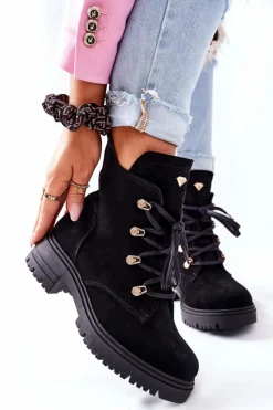 Sale Botki Damskie Zamszowe Czarne Nicole 2674 Damskie Botki Sznurowane|Czarne Botki